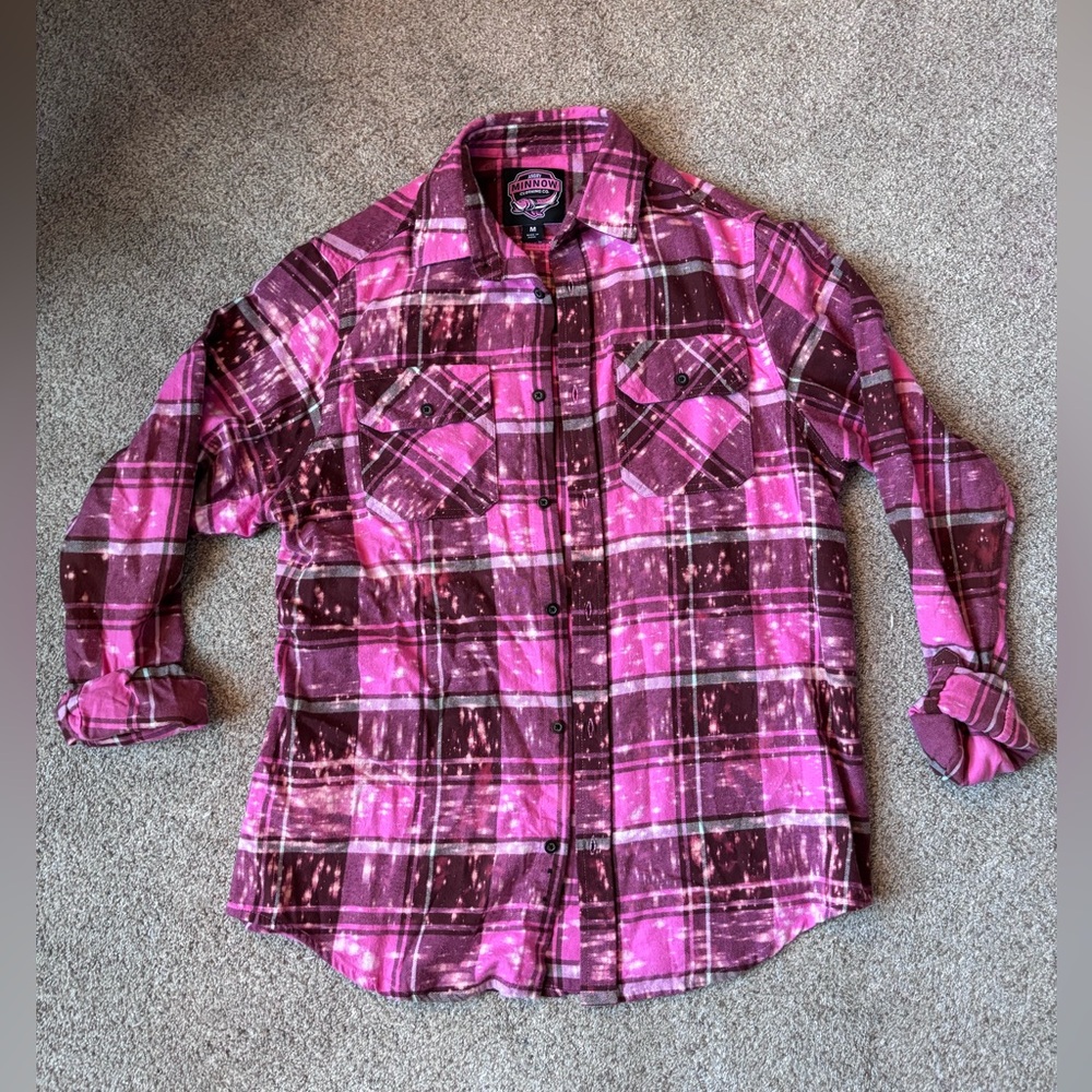 Angry Minnow Women’s Plaid Graphic Flannel Shirt | Pink | M | Soft Oversized